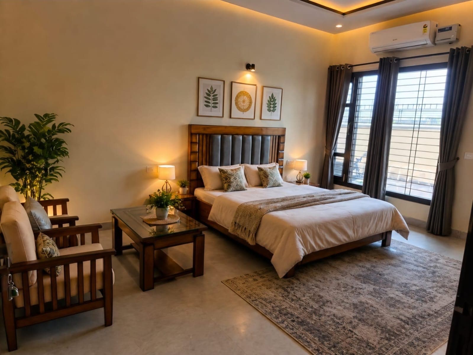 Air-conditioned bedroom with double bed and seating at Jastej House, Aerocity Mohali